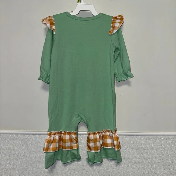 Baby Girl Green Orange Plaid Pumpkin Ruffle Bodysuit 6-9 M Fall Autumn Romper - Picture 11 of 11